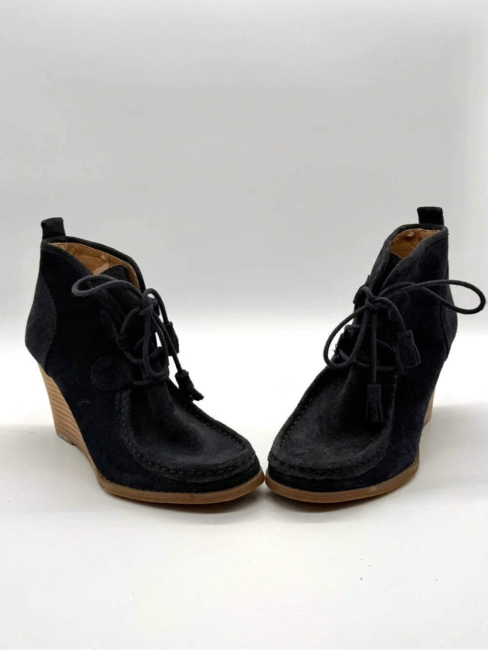 Lucky Brand Black Suede Tassel Lace-Up Ankle Booties